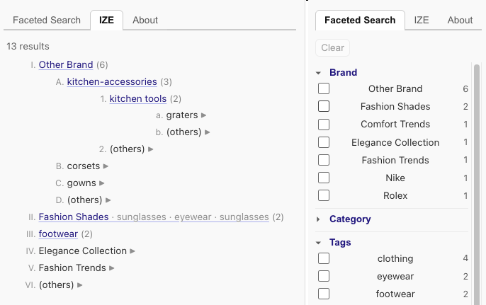Comparison of IZE hierarchy with faceted search