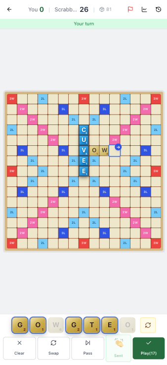 Scrabble game board, showing opponent's play, draft user play, reaction, and more.