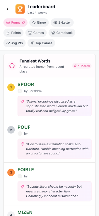 Leaderboard, showing categories and fun AI-generated funny-plays feature.