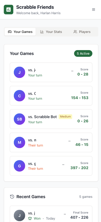Main screen, showing active and past games and overall design.