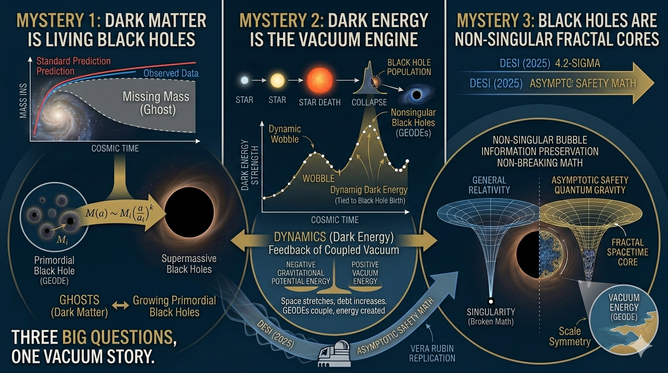 Illustration of how a non-singularity explanation for black holes might account for dark matter and dark energy. Author: Google Gemini.