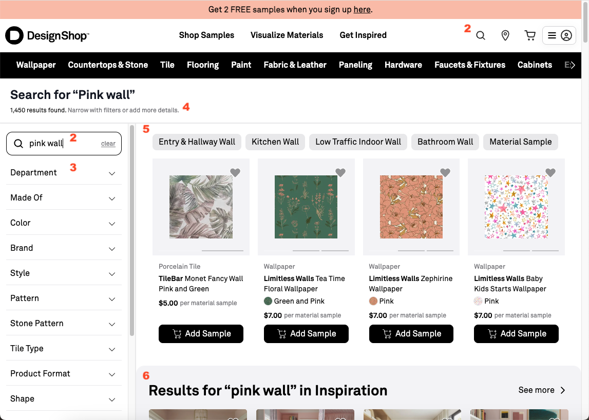 DesignShop search results page, showing numbered features discussed in text.